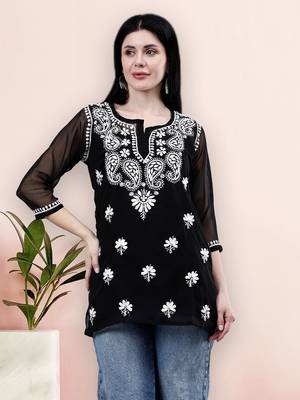 hand embroidered black georgette lucknowi chikankari top with slip 1