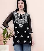 hand embroidered black georgette lucknowi chikankari top with slip