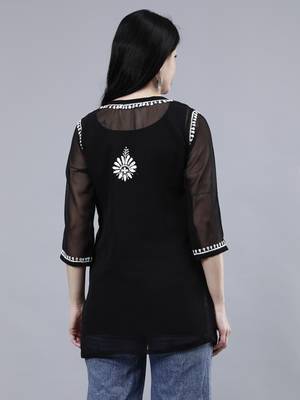 hand embroidered black georgette lucknowi chikankari top with slip 2