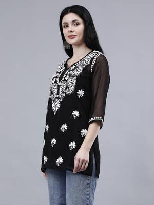 hand embroidered black georgette lucknowi chikankari top with slip 3