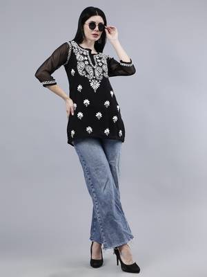 hand embroidered black georgette lucknowi chikankari top with slip 5