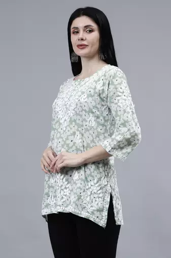 hand embroidered green mal-mal lucknowi chikankari top
