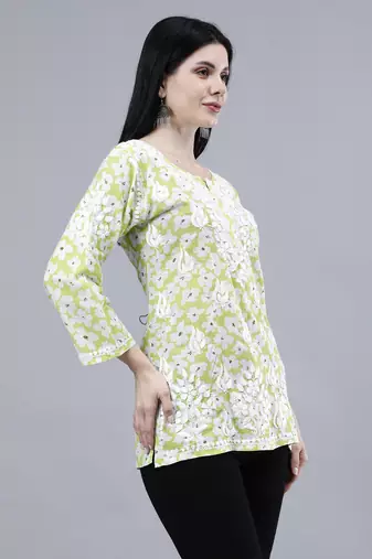 hand embroidered light green mal-mal lucknowi chikankari top