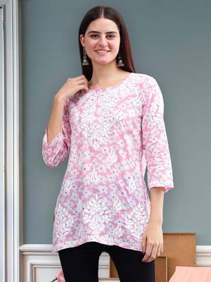 hand embroidered pink mal-mal lucknowi chikankari top 1