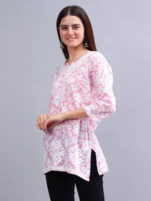 hand embroidered pink mal-mal lucknowi chikankari top 2