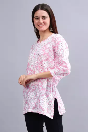 hand embroidered pink mal-mal lucknowi chikankari top