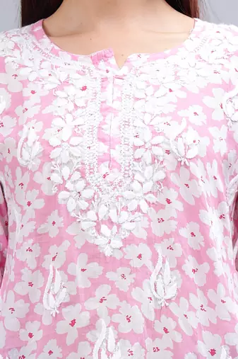 hand embroidered pink mal-mal lucknowi chikankari top
