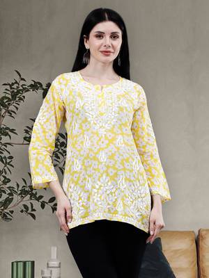 hand embroidered yellow mal-mal lucknowi chikankari top 1