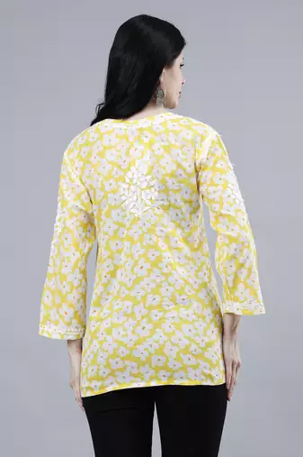 hand embroidered yellow mal-mal lucknowi chikankari top
