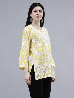 hand embroidered yellow mal-mal lucknowi chikankari top 3