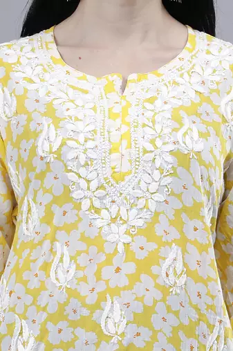 hand embroidered yellow mal-mal lucknowi chikankari top