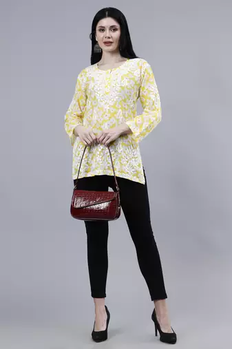 hand embroidered yellow mal-mal lucknowi chikankari top