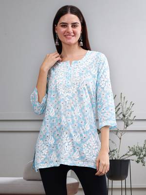 hand embroidered blue mal-mal lucknowi chikankari top 1