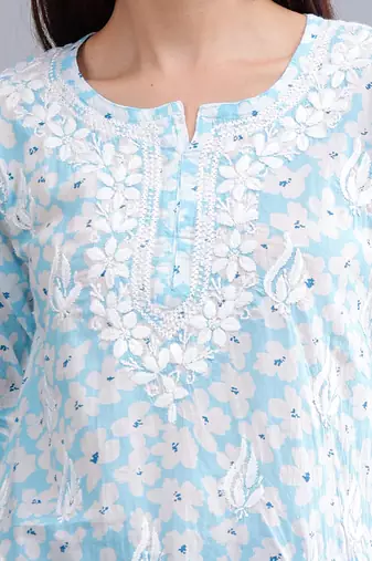 hand embroidered blue mal-mal lucknowi chikankari top