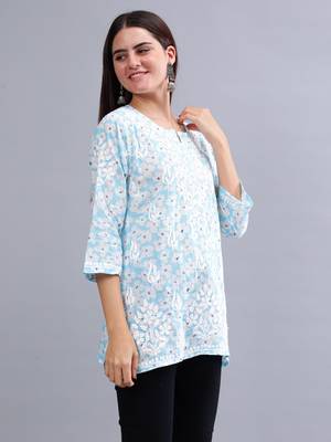 hand embroidered blue mal-mal lucknowi chikankari top 3