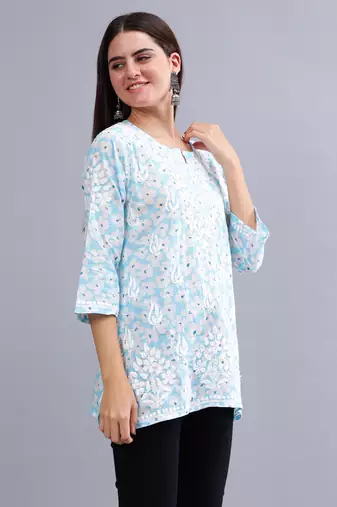 hand embroidered blue mal-mal lucknowi chikankari top