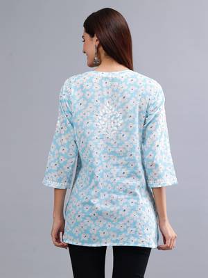 hand embroidered blue mal-mal lucknowi chikankari top 4