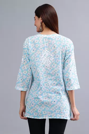 hand embroidered blue mal-mal lucknowi chikankari top