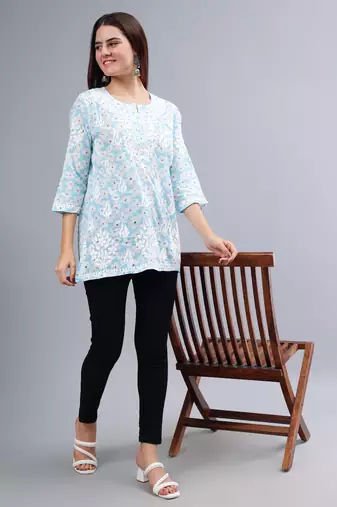 hand embroidered blue mal-mal lucknowi chikankari top