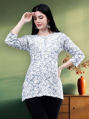 hand embroidered grey mal-mal lucknowi chikankari top 1