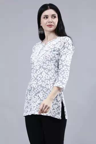 hand embroidered grey mal-mal lucknowi chikankari top