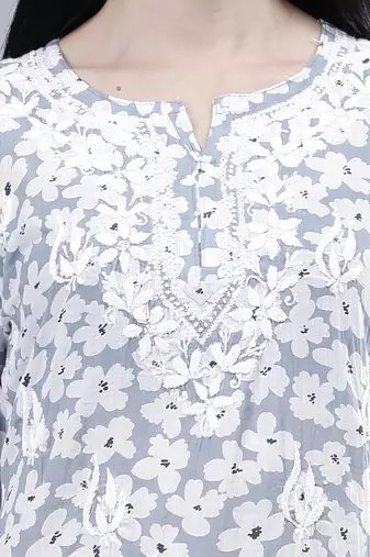 hand embroidered grey mal-mal lucknowi chikankari top