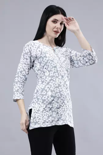 hand embroidered grey mal-mal lucknowi chikankari top