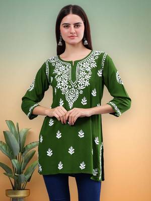 hand embroidered dark green rayon lucknowi chikankari top 1