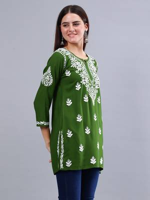 hand embroidered dark green rayon lucknowi chikankari top 2
