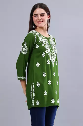 hand embroidered dark green rayon lucknowi chikankari top