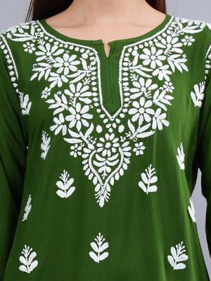 hand embroidered dark green rayon lucknowi chikankari top 3