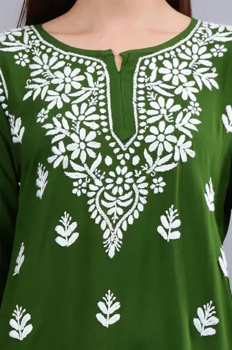 hand embroidered dark green rayon lucknowi chikankari top