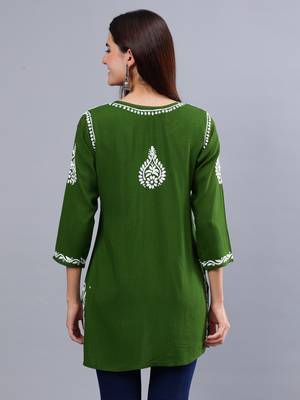 hand embroidered dark green rayon lucknowi chikankari top 4