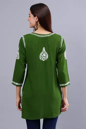 hand embroidered dark green rayon lucknowi chikankari top