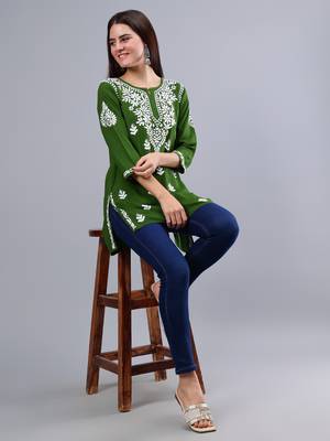 hand embroidered dark green rayon lucknowi chikankari top 5