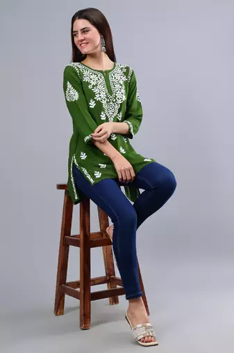 hand embroidered dark green rayon lucknowi chikankari top