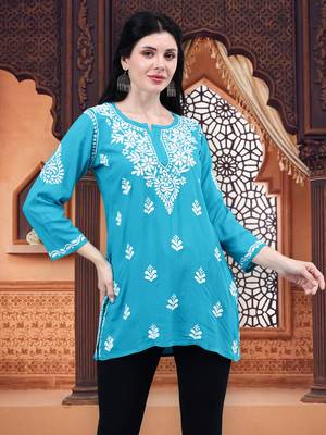 hand embroidered terquoise rayon lucknowi chikankari top 1