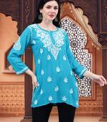hand embroidered terquoise rayon lucknowi chikankari top