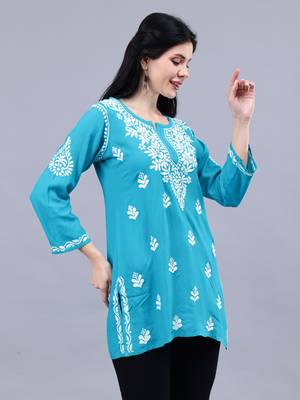hand embroidered terquoise rayon lucknowi chikankari top 2