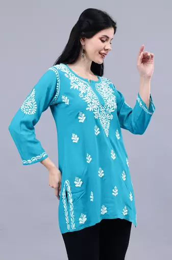 hand embroidered terquoise rayon lucknowi chikankari top