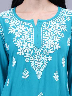 hand embroidered terquoise rayon lucknowi chikankari top 3