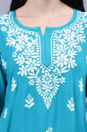 hand embroidered terquoise rayon lucknowi chikankari top