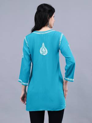 hand embroidered terquoise rayon lucknowi chikankari top 4