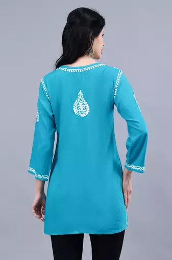 hand embroidered terquoise rayon lucknowi chikankari top