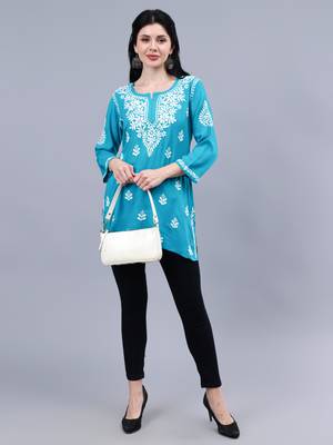 hand embroidered terquoise rayon lucknowi chikankari top 5