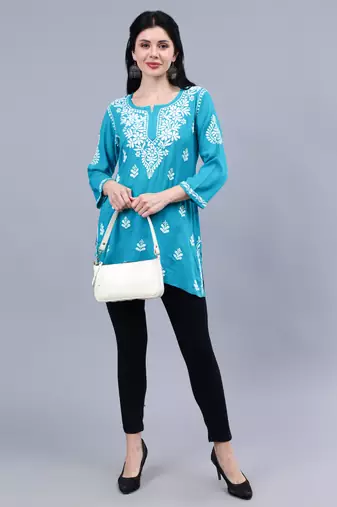 hand embroidered terquoise rayon lucknowi chikankari top