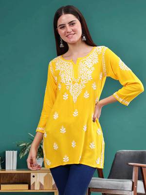 hand embroidered yellow rayon lucknowi chikankari top 1