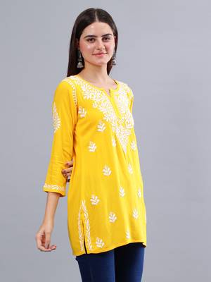 hand embroidered yellow rayon lucknowi chikankari top 2
