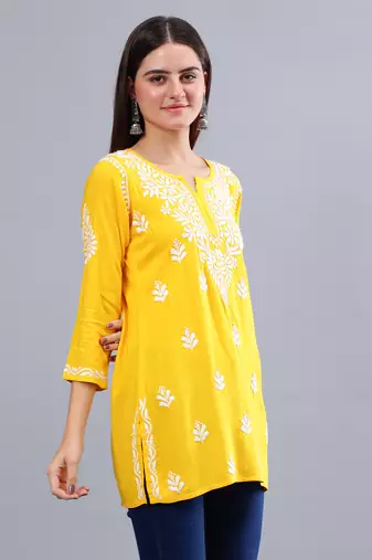 hand embroidered yellow rayon lucknowi chikankari top