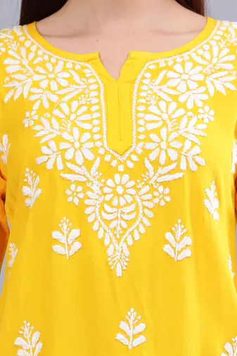 hand embroidered yellow rayon lucknowi chikankari top